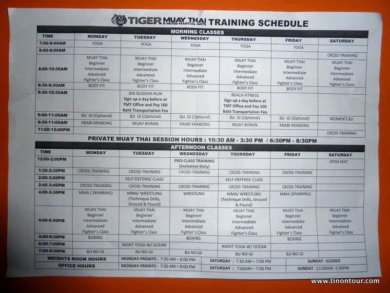 Trainingsplan vom TIGER Muay Thai & MMA Trainingscenter (TMT); Stand Mai 2013