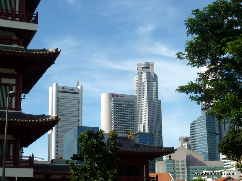 An manchen Stellen in der Stadt sieht man Tradition (Tempel) und Moderne (Hochhäuser) zusammen.